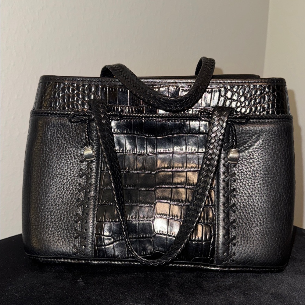 Brighton Women’s Black Croc Embossed Pebbled Leather Small Tote Bag Purse - Picture 2 of 14